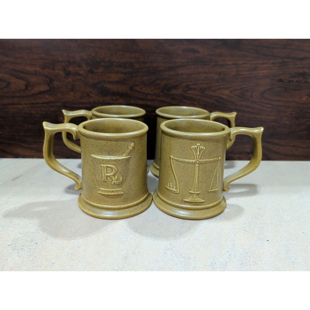 RARE VINTAGE SET OF 4 APOTHECARY PHARMACY DOCTOR 3D COFFEE MUGS MEDICINAL DR